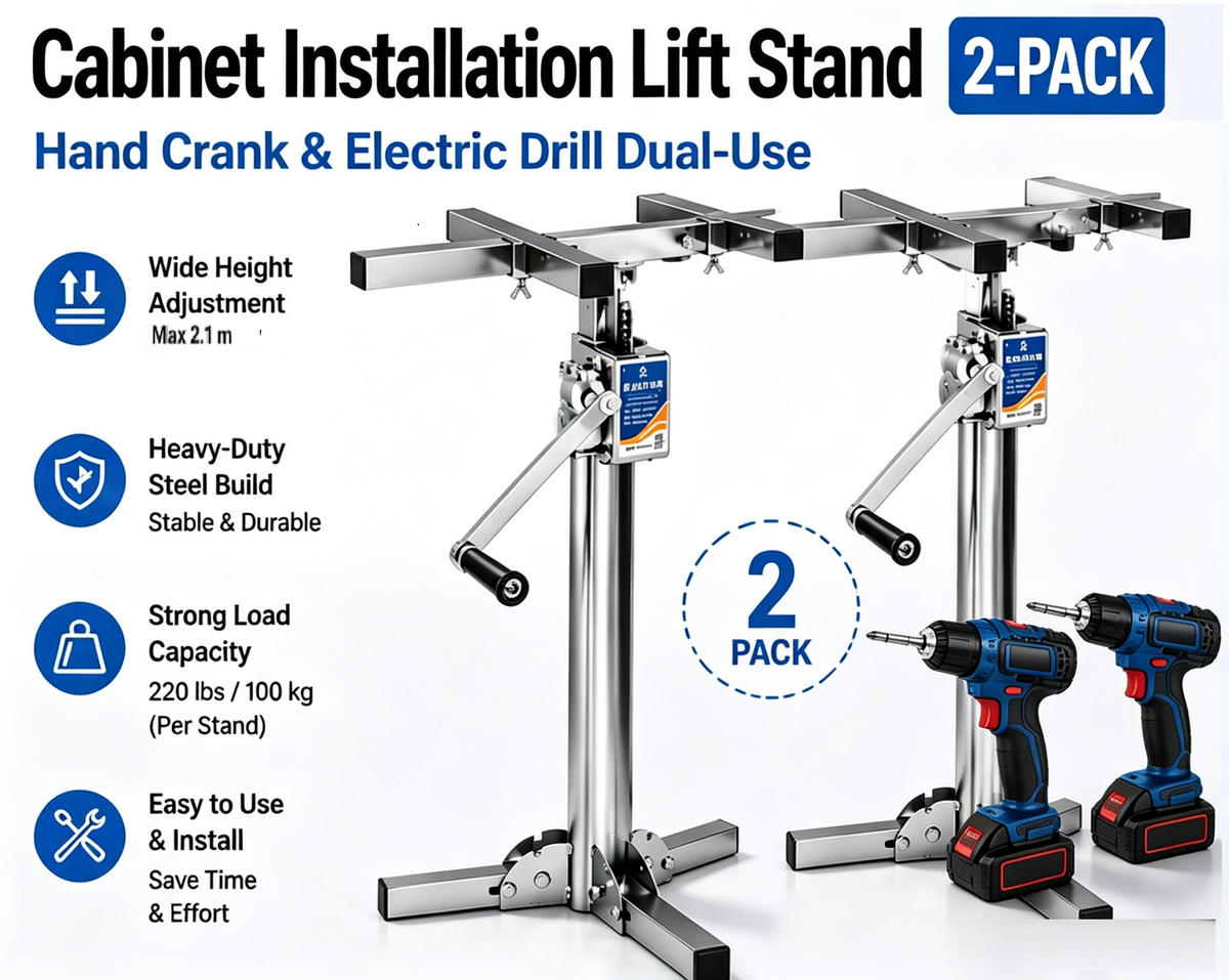 Cabinet Jack Lift Stand, Hand Crank & Universal Electric Drill Dual‑Use Stainless Steel Installation Support, 220 lbs Per Stand, Max Lifting Height 82.7" (210 cm)