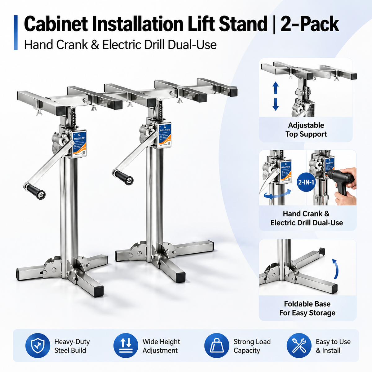 Cabinet Jack Lift Stand, Hand Crank & Universal Electric Drill Dual‑Use Stainless Steel Installation Support, 220 lbs Per Stand, Max Lifting Height 82.7" (210 cm)